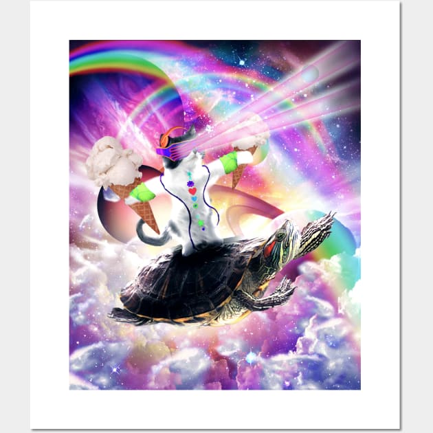 Lazer Rave Space Cat Riding Turtle Eating Ice Cream Wall Art by Random Galaxy